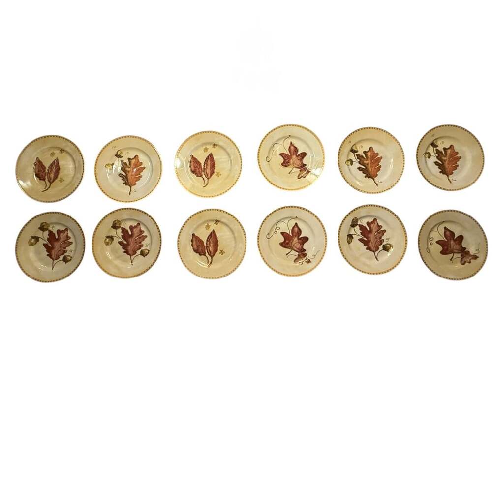 Crate & Barrel Autumn Leaves Salad Plates Set 12 Gold Trim